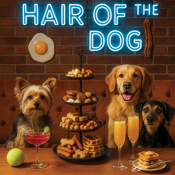 Hair of the Dog Yorkshire Terrier 006 Ruff & Ready Funny Canine Art neon lights, bacon-woven flair, and egg murals
