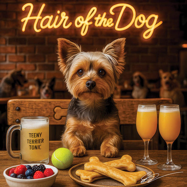 Hair of the Dog Yorkshire Terrier 009 Ruff & Ready Funny Canine Art neon lights, bacon-woven flair, and egg murals