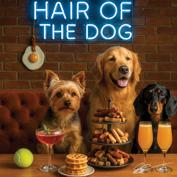 Hair of the Dog Yorkshire Terrier 010 Ruff & Ready Funny Canine Art neon lights, bacon-woven flair, and egg murals