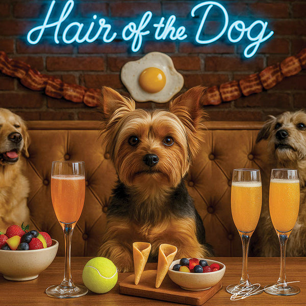 Hair of the Dog Yorkshire Terrier 011 Ruff & Ready Funny Canine Art neon lights, bacon-woven flair, and egg murals