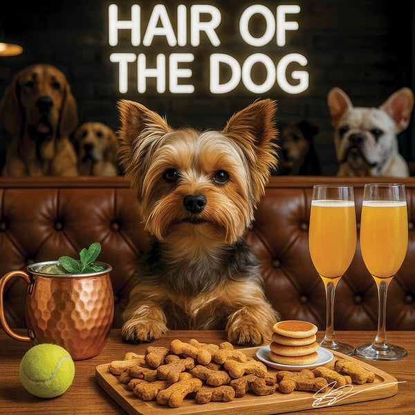Hair of the Dog Yorkshire Terrier 012 Ruff & Ready Funny Canine Art neon lights, bacon-woven flair, and egg murals