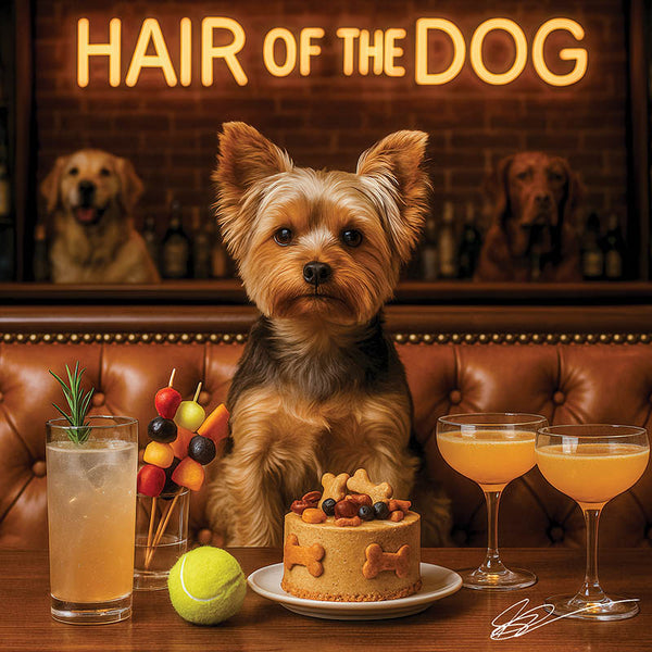 Hair of the Dog Yorkshire Terrier 013 Ruff & Ready Funny Canine Art neon lights, bacon-woven flair, and egg murals