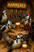 Humorous woodpecker artwork showing birds drinking beer and celebrating at a rustic bark bar labeled Hammered