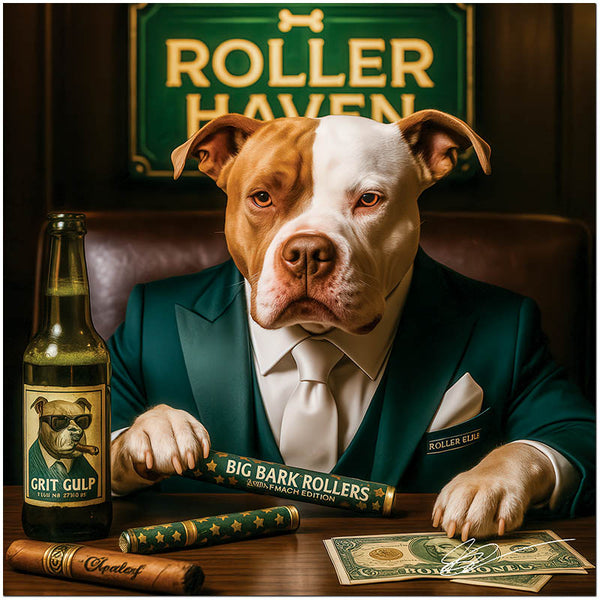 High-Roller Haven metal print featuring a stylish Pitbull dog in a vintage casino lounge with themed cigars and drinks