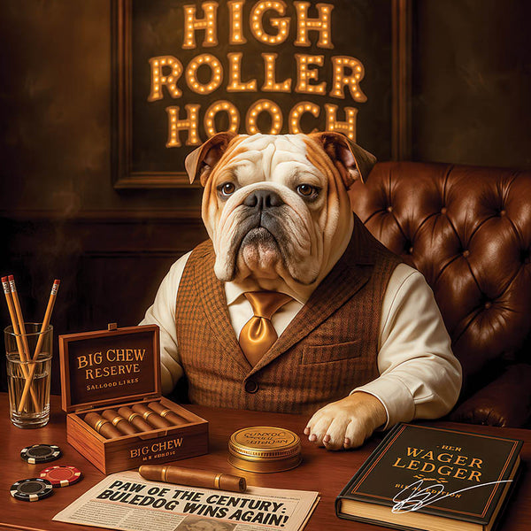 English Bulldog in luxury bar with cigars and wager ledger metal print