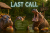 Three hippos at a tropical river bar sipping cocktails and holding a drink menu under a glowing Last Call sign – humorous and exotic wall art