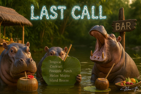 Three hippos at a tropical river bar sipping cocktails and holding a drink menu under a glowing Last Call sign – humorous and exotic wall art