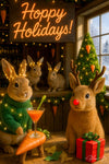 Rabbits in a cozy log-cabin bar decked with holiday lights and carrot décor, one bunny wrapped in fairy lights sipping a carrot cocktail, another wearing a red-nose reindeer costume holding a gift under a “Hoppy Holidays!” neon sign