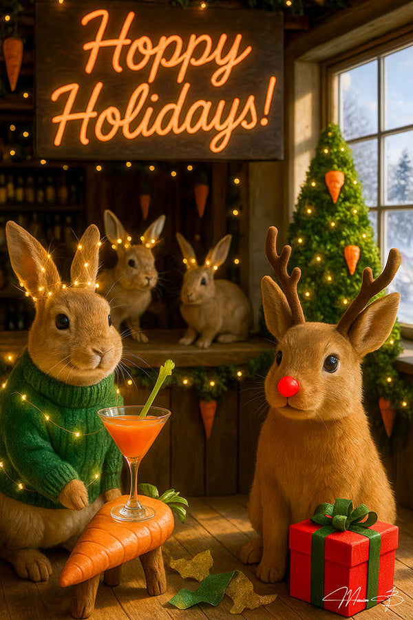 Rabbits in a cozy log-cabin bar decked with holiday lights and carrot décor, one bunny wrapped in fairy lights sipping a carrot cocktail, another wearing a red-nose reindeer costume holding a gift under a “Hoppy Holidays!” neon sign