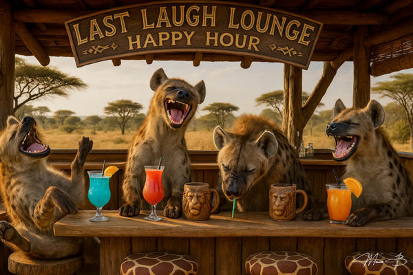 Four hyenas laughing at a safari bar with colorful cocktails and tiki mugs under a “Last Laugh Lounge – Happy Hour” sign