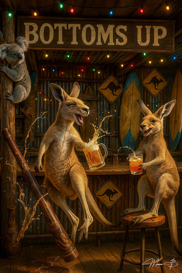 Two kangaroos drinking beer in a rustic Australian bar under a “BOTTOMS UP” sign with a koala watching, surfboards and boomerang signs in the background