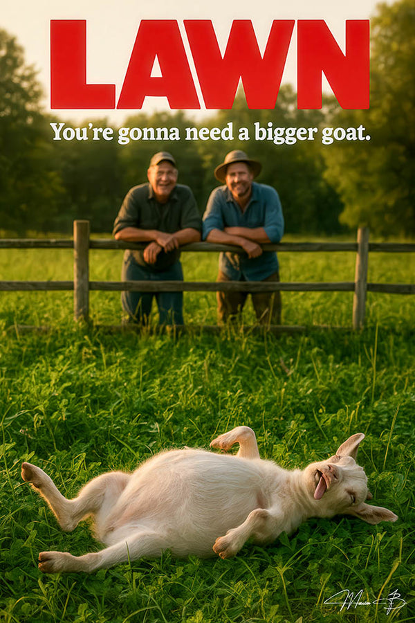 Funny goat lying belly-up on grass with text LAWN Youâre gonna need a bigger goat