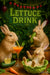 Three rabbits in a vegetable bar scene: one sipping a carrot cocktail with celery, one biting a cucumber, and one laughing in a lettuce-leaf bowl under hanging radishes