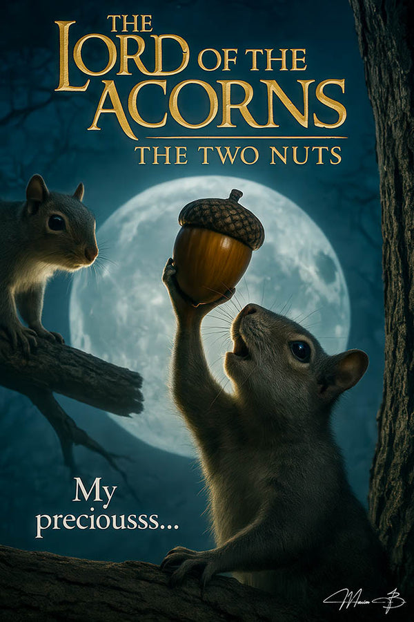 Squirrel dramatically holding an acorn under moonlight artwork titled The Lord of the Acorns - My preciousss