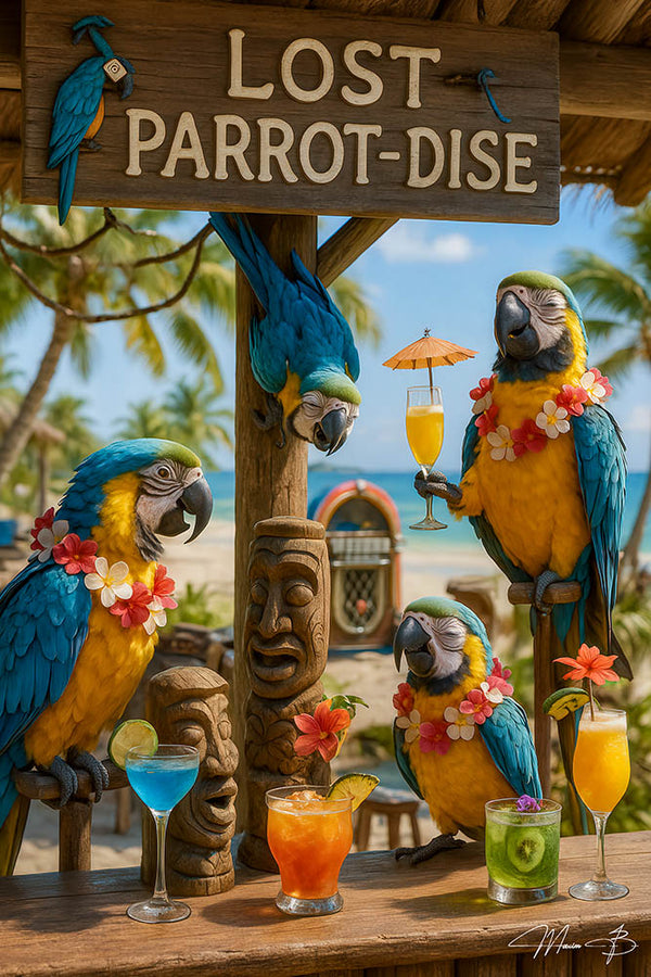 Colorful parrots in floral leis perched at a bamboo beach bar under a “Lost Parrot-dise” sign, each holding a tropical cocktail with ocean and palm trees in the background