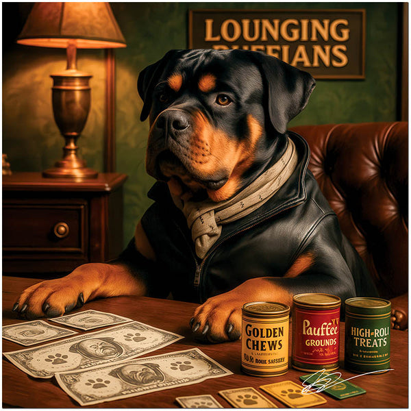 Lounging Ruffians metal print featuring an elegant Rottweiler in leather jacket and scarf at a luxury lounge table