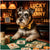 Schnauzer wearing paw-patterned bowtie at casino bar with playful poker accessories