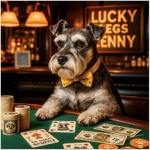 Schnauzer wearing paw-patterned bowtie at casino bar with playful poker accessories