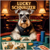 Sophisticated Schnauzer dog playing poker at a casino table wearing paw-adorned vest