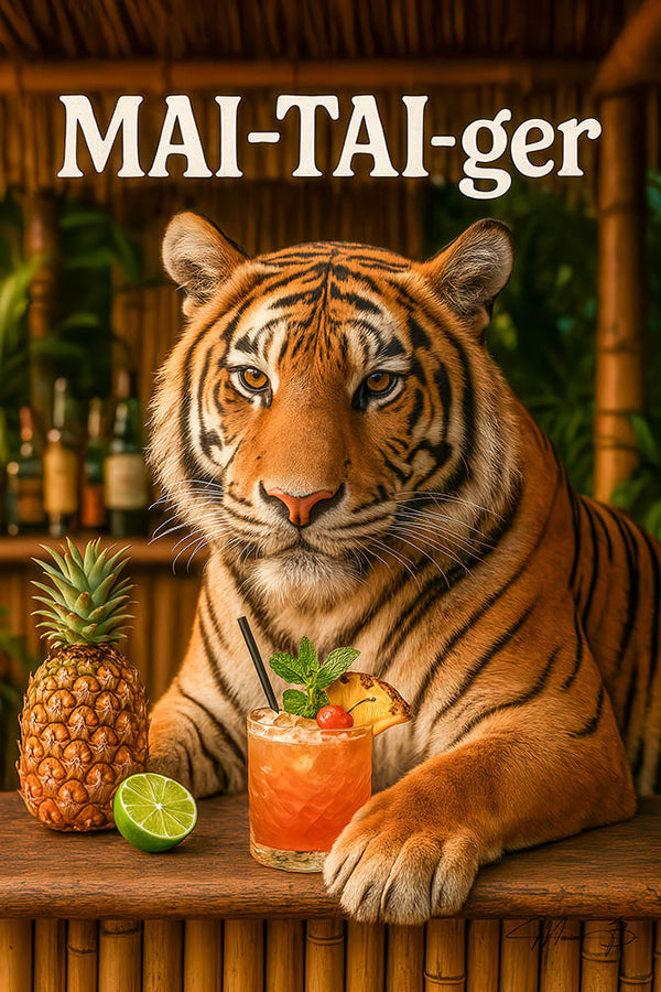 Mai-Tai-ger III tiger enjoying Mai Tai cocktail tropical tiki bar metal print artwork