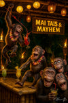 A group of monkeys at a bamboo tiki bar wearing floral leis, one jumping and spilling a red cocktail under a “Mai Tais & Mayhem” sign with glowing lanterns overhead