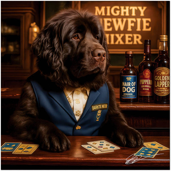 Newfoundland dog artwork titled Mighty Newfie Mixer on metal print featuring an upscale bartender scene
