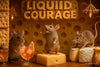 Three mice in a whimsical cheese-themed bar with cocktails, crackers, and glowing Liquid Courage sign – funny food and drink animal wall art