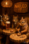 Three squirrels chiseling walnuts and toasting beers under a “Nailed It II” sign on Metal Print