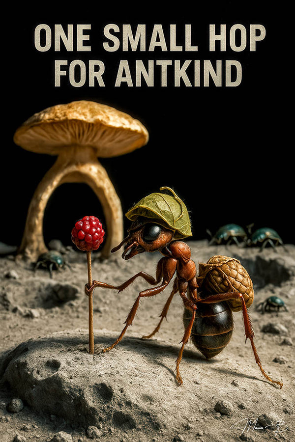 One Small Hop for Antkind humorous ant astronaut lunar landing raspberry metal print