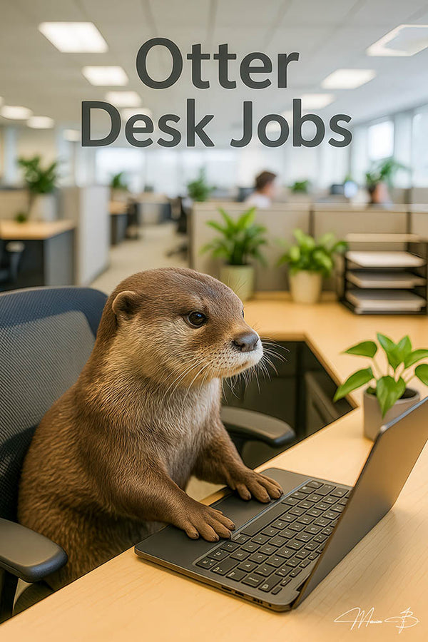 Otter sitting at a desk in a modern office typing on a laptop in artwork titled Otter Desk Jobs