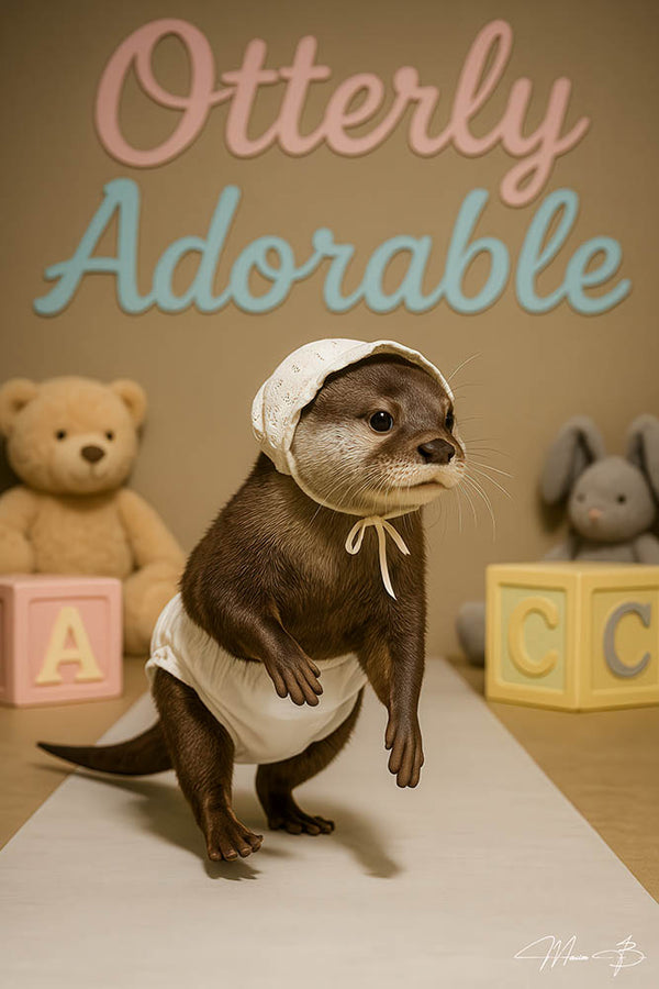 Baby otter wearing diaper and bonnet nursery wall art