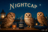 Owl enjoying a nightcap cocktail under warm lighting in a cozy bar setting – elegant and humorous wall art for evening drink lovers