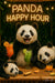 Three pandas at a tiki bar with tropical cocktails under a neon “Panda Happy Hour” sign and jungle backdrop