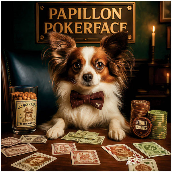 Papillon Pokerface metal print featuring a Papillon dog with poker chips, vintage playing cards, and golden treats
