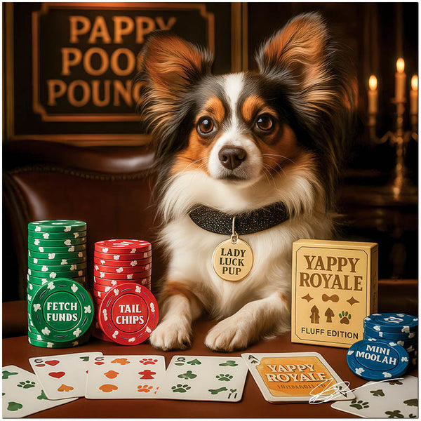 Papillon dog artwork titled Pappy Pooch Pouncer on metal print showcasing an elegant casino poker setting