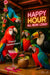 Parrots and toucan toasting cocktails in a tiki bar with neon happy hour sign and spilled drinks on the counter in a fun tropical party scene