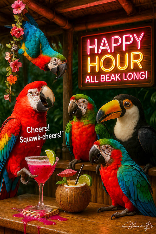 Parrots and toucan toasting cocktails in a tiki bar with neon happy hour sign and spilled drinks on the counter in a fun tropical party scene