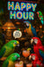 Colorful parrots gathered at a tropical bar with guava cocktails, neon happy hour sign, coconut drinks, and lively expressions in a humorous party scene