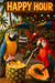 Colorful parrots enjoying tropical cocktails with pineapple and papaya at a beach bar under tiki lights and umbrellas in a fun and festive scene