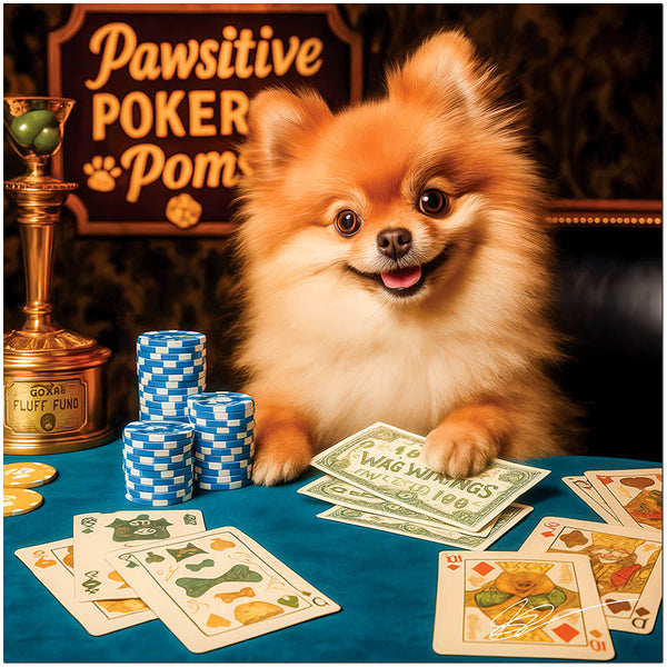 Pawsitive Poker Poms metal print featuring a smiling Pomeranian dog with poker chips, whimsical playing cards, and playful winnings