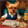 Yorkshire Terrier in spectacles and navy vest at nautical-themed table with newspaper, bottle, and coins