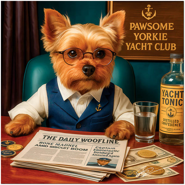 Yorkshire Terrier in spectacles and navy vest at nautical-themed table with newspaper, bottle, and coins