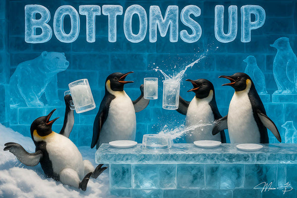 Penguins partying at an ice bar with drinks splashing, carved ice animal walls, mugs raised in celebration, and one penguin falling over in snow