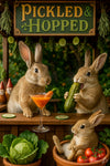 Three rabbits at a vegetable bar—one eating a pickle, one sipping a carrot cocktail, and a baby bunny sitting in a pot of tomatoes, with hanging cucumbers above