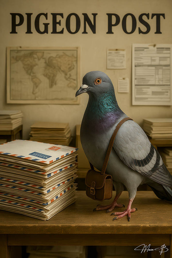Vintage pigeon post office scene with pigeon and letters artwork
