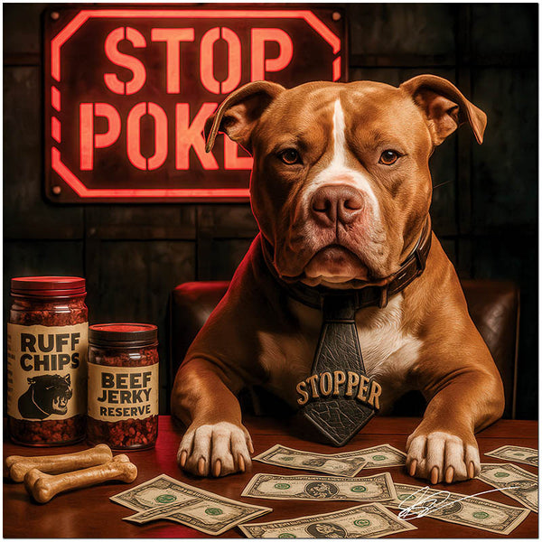Pit-Stop Poker metal print showing a confident Pitbull dog wearing a tie, sitting at a poker table with neon signage and humorous casino treats
