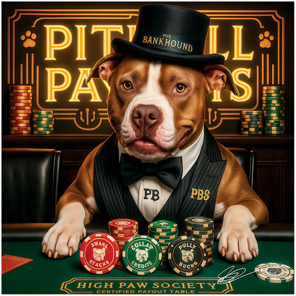 Pitbull Payouts metal print featuring a stylish Pitbull dog in a top hat and tuxedo, seated at a poker table with casino chips