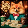 Pom Betting Bash metal print of a sophisticated Pomeranian in emerald jacket with poker chips, playful currency notes, and beverages