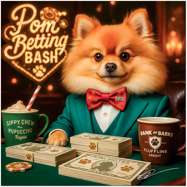 Pom Betting Bash metal print of a sophisticated Pomeranian in emerald jacket with poker chips, playful currency notes, and beverages