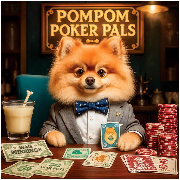 Pomeranian Payday metal print showing a playful Pomeranian dog dressed smartly playing poker with colorful chips and dog-themed playing cards